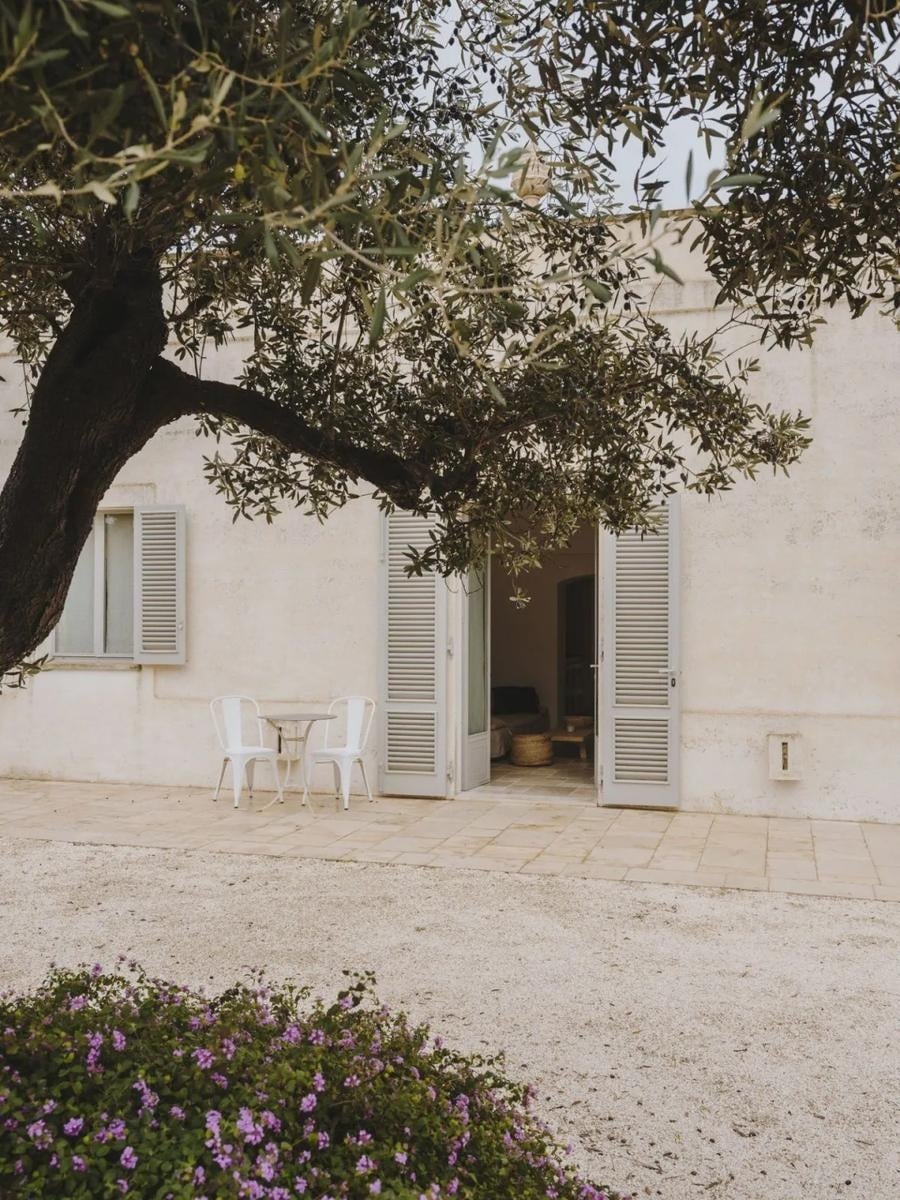 Exterior de casa blanca con mesa y dos sillas situadas en la terraza y puerta de entrada abierta con árbol y planta con flores tapando la vista de la vivienda