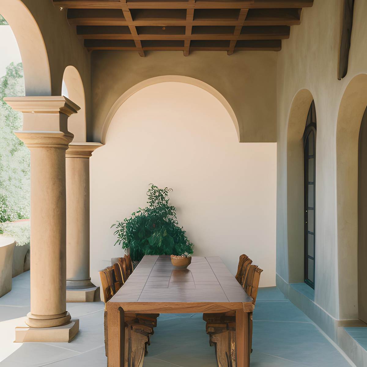 Porche con muros encalados, mesa de madera y sillas, planta decorativa.