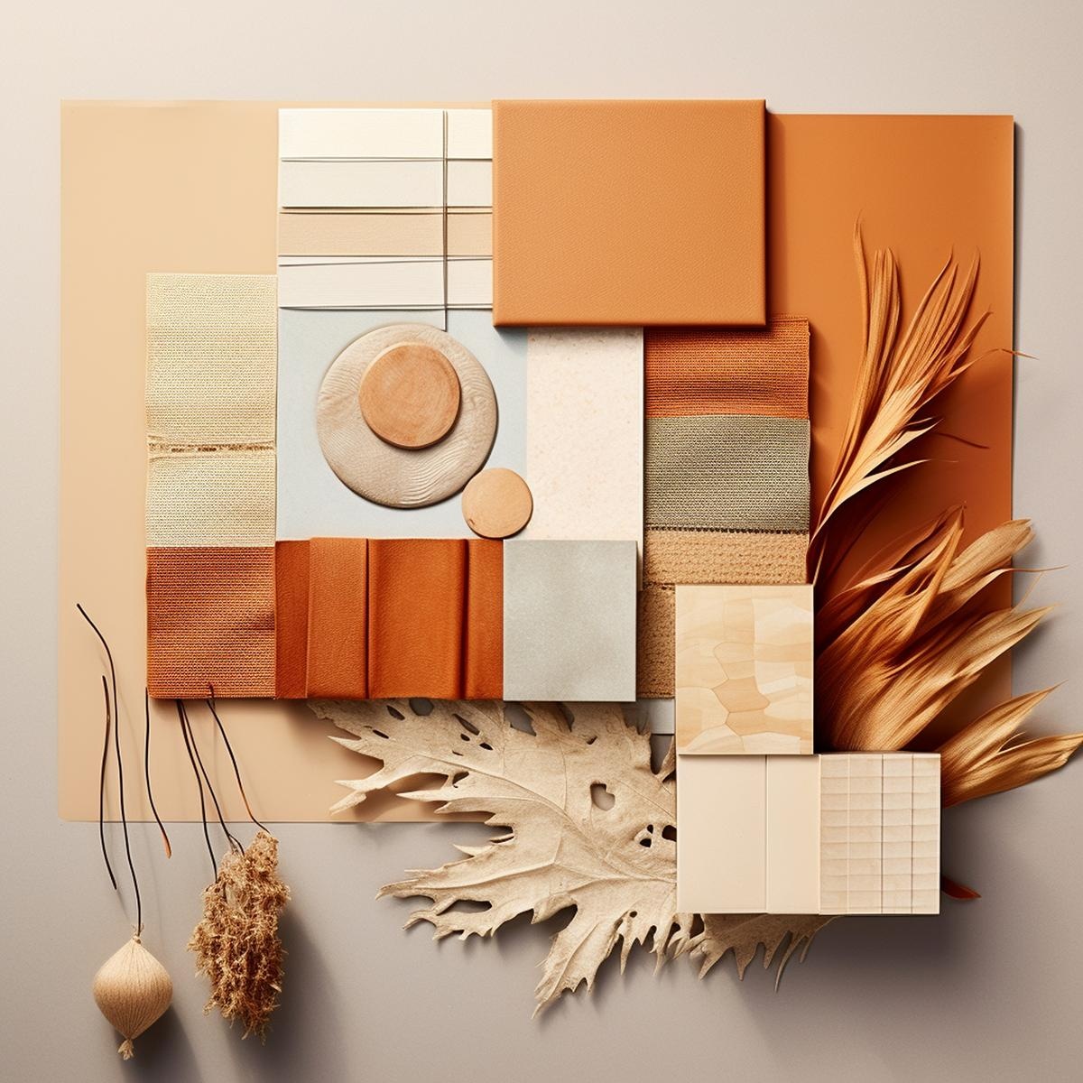 Mood Board Color Apricot Crush y beige, diversos materiales